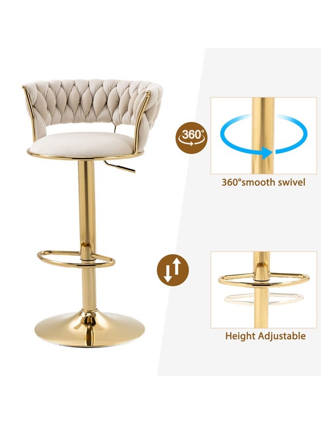 Bar Stools With Back 360° Woven Modern Adjustable Gold Bar Stools Swivel Counter Height Barstools With Footrest Gold Metal Tall Kitchen Chairs For Bar Pub Cafe