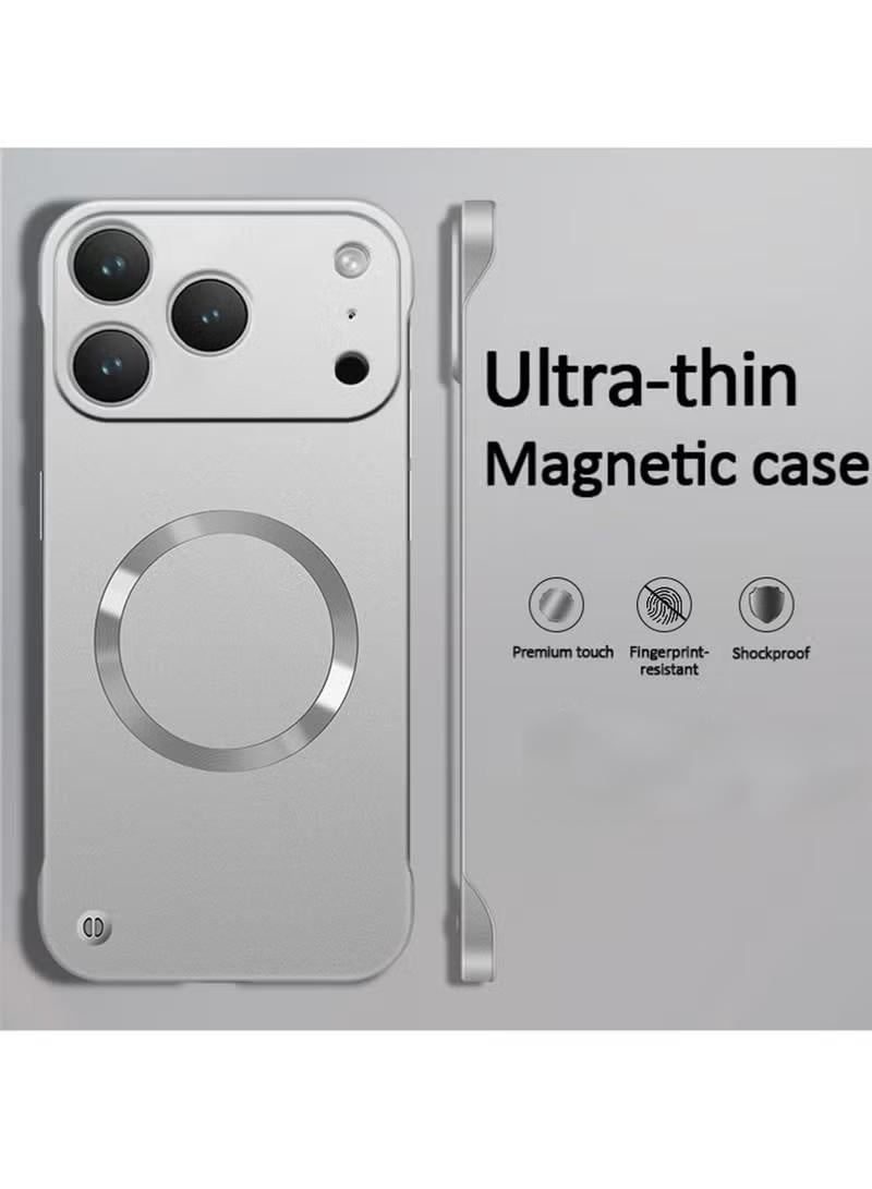 for iPhone 17 Pro Max Case Tpu Minimalist with Camera Lens Cover, Thin Metallic Paint Frameless Metal Ring Compatible Magsafe Anti-fingerprint Hard PC Cover, Silver - Image 1