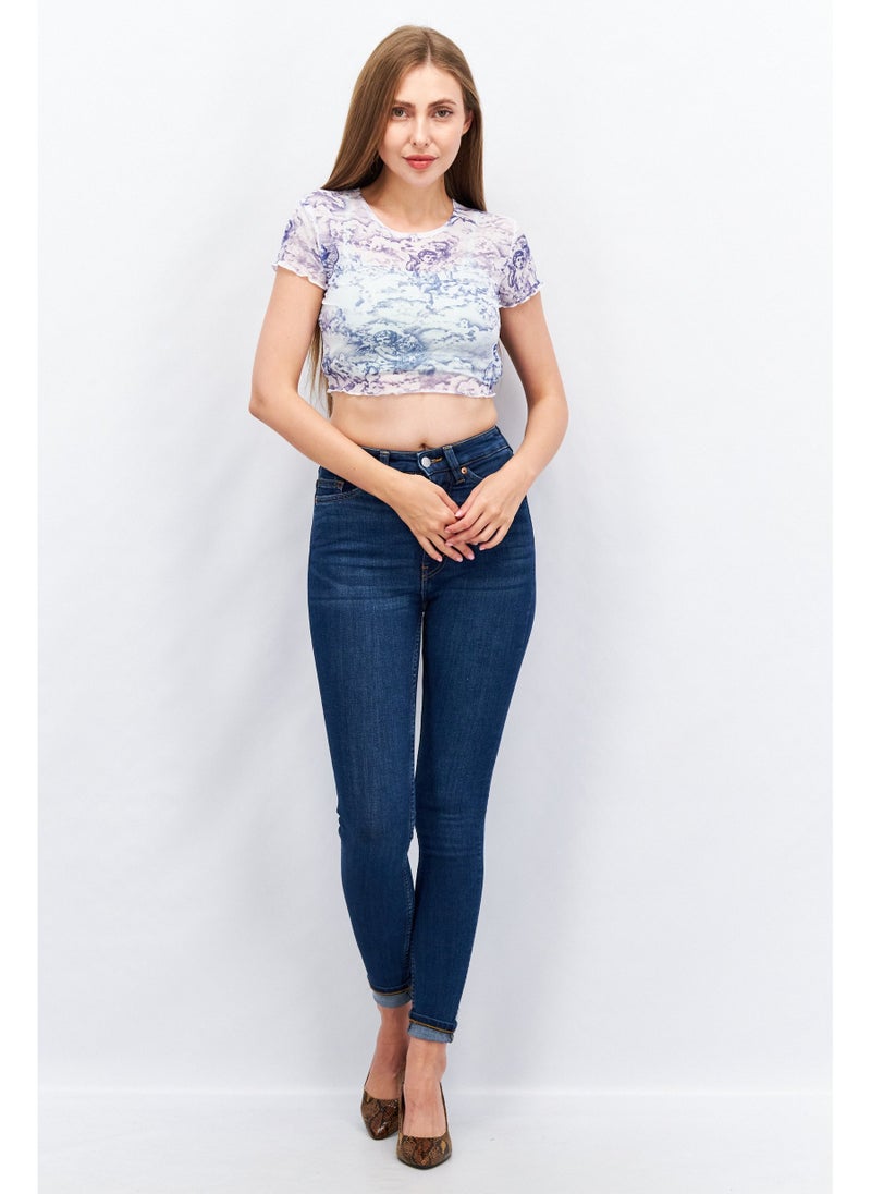 Motel Women Round Neck Short Sleeve All Over Print Crop Top, White - Image 5