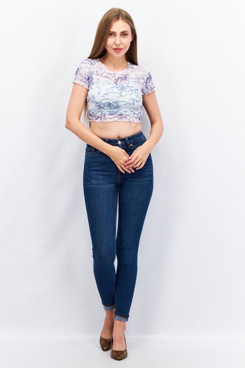 Motel Women Round Neck Short Sleeve All Over Print Crop Top, White - Image 4