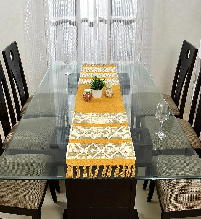 POSHREYA Cotton Table Runner for 4 6 Seater Dining Table|Centre Table|Coffee Table|Living Room|Table Decor|Eating Area|Decorative Runner|(14*72 INCHES)|Yellow White|TRPS 018 - Image 5
