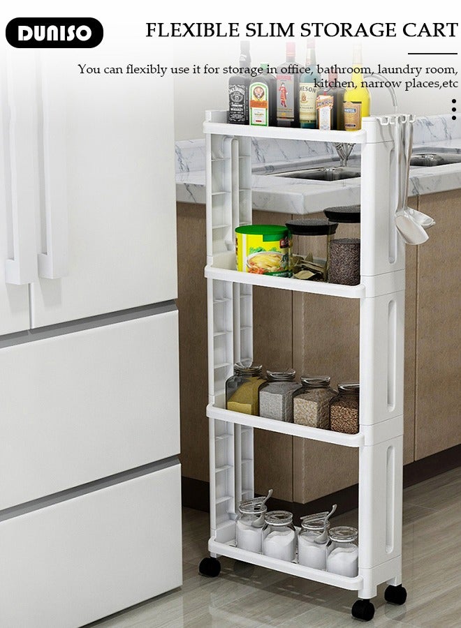 DUNISO Slim Rolling Storage Cart, 4 Tier Bathroom Storage Organizer Laundry Room Utility Cart, Multi-Purpose Mobile Shelving Unit with Hooks,for Kitchen Office Bathroom Laundry Narrow Places  - Image 5