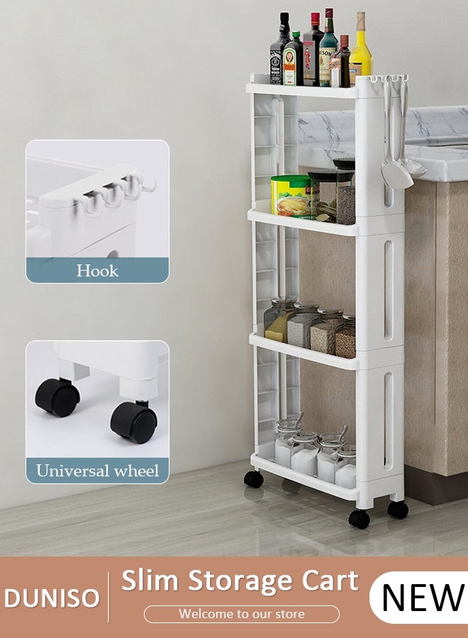 DUNISO عربة تخزين رفيعة قابلة للدحرجة، 4 طبقات منظم تخزين الحمام عربة خدمات غرفة الغسيل، وحدة رفوف متنقلة متعددة الأغراض مع خطافات، للمطبخ والمكتب والحمام وغسيل الملابس في الأماكن الضيقة - Image 1
