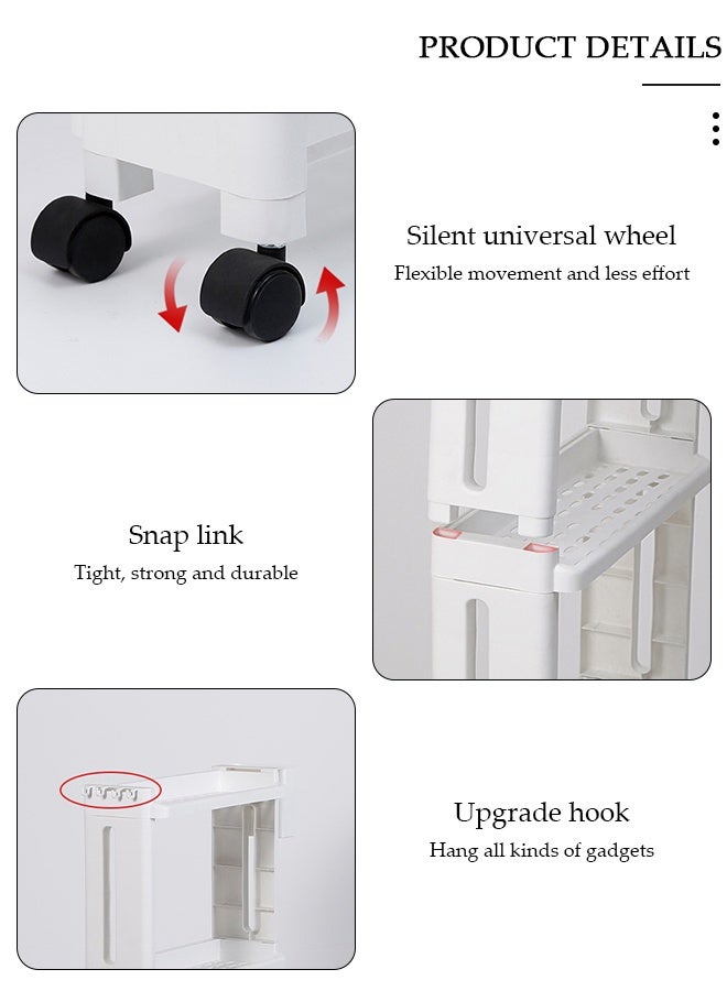 DUNISO عربة تخزين رفيعة قابلة للدحرجة، 4 طبقات منظم تخزين الحمام عربة خدمات غرفة الغسيل، وحدة رفوف متنقلة متعددة الأغراض مع خطافات، للمطبخ والمكتب والحمام وغسيل الملابس في الأماكن الضيقة - Image 3
