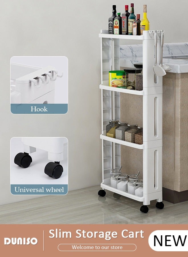 DUNISO Slim Rolling Storage Cart, 4 Tier Bathroom Storage Organizer Laundry Room Utility Cart, Multi-Purpose Mobile Shelving Unit with Hooks,for Kitchen Office Bathroom Laundry Narrow Places  - Image 1