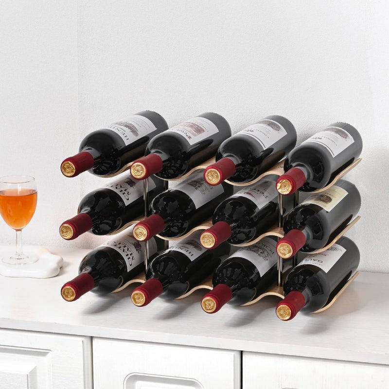 TRUDING Countertop Wine Rack - 12 Bottle Freestanding Wine Bottle Holder Stand - 3 Tier Wooden Wine Storage Rack - Wavy Wine Organizer for Cabinet Pantry Home Kitchen Bar - Image 5