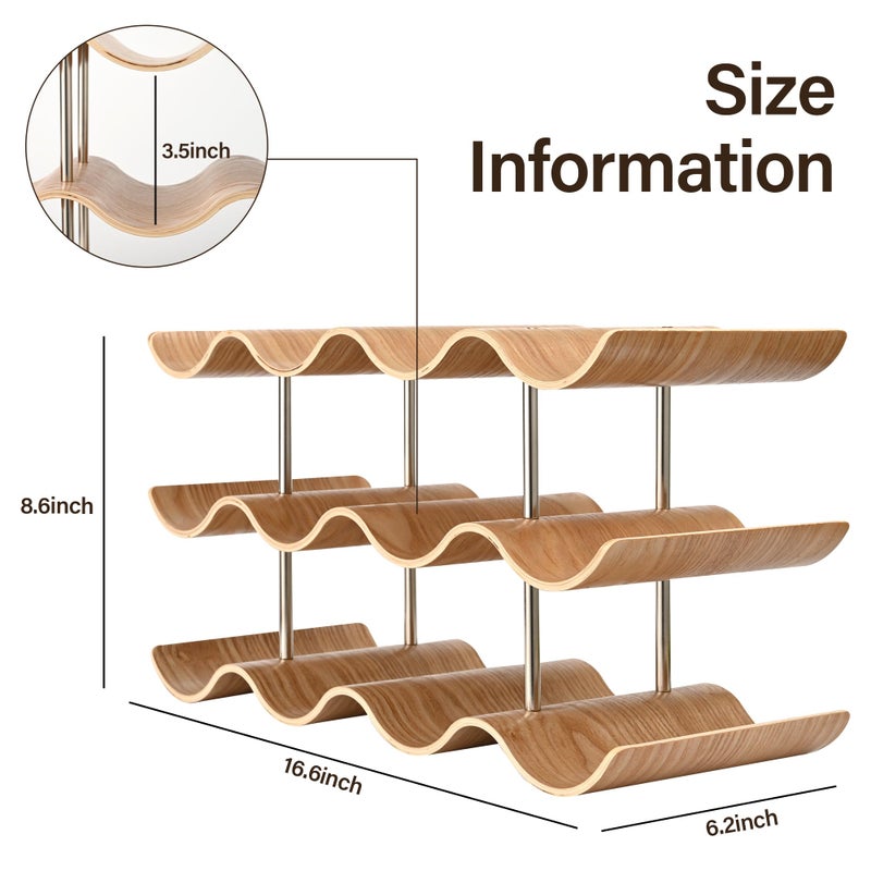 TRUDING Countertop Wine Rack - 12 Bottle Freestanding Wine Bottle Holder Stand - 3 Tier Wooden Wine Storage Rack - Wavy Wine Organizer for Cabinet Pantry Home Kitchen Bar - Image 4