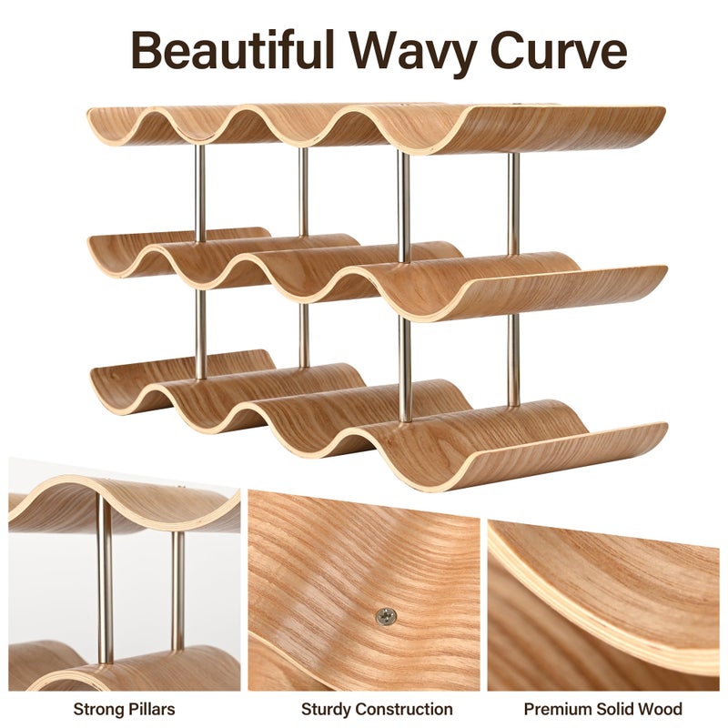 TRUDING Countertop Wine Rack - 12 Bottle Freestanding Wine Bottle Holder Stand - 3 Tier Wooden Wine Storage Rack - Wavy Wine Organizer for Cabinet Pantry Home Kitchen Bar - Image 3