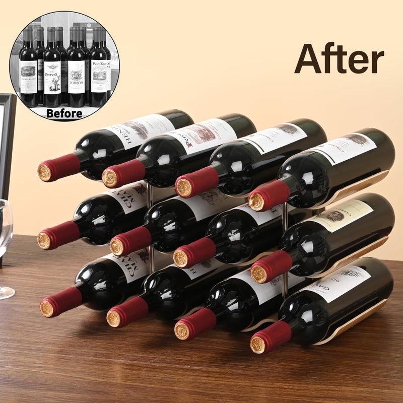 TRUDING Countertop Wine Rack - 12 Bottle Freestanding Wine Bottle Holder Stand - 3 Tier Wooden Wine Storage Rack - Wavy Wine Organizer for Cabinet Pantry Home Kitchen Bar - Image 2