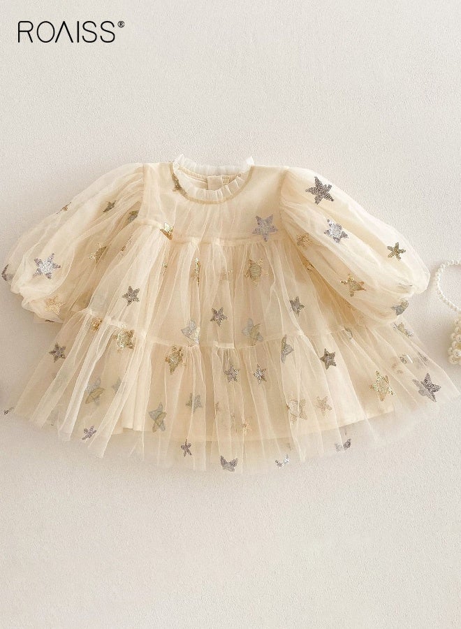 roaiss Girls Tulle Dress with Lining, Puff Sleeve Round Neck A-line Dress, Elegant Princess Dress for Girls, Fancy Frock with Star Patterns, Suitable for Daily Wear, Birthday Party and Outdoor Activities - Image 1