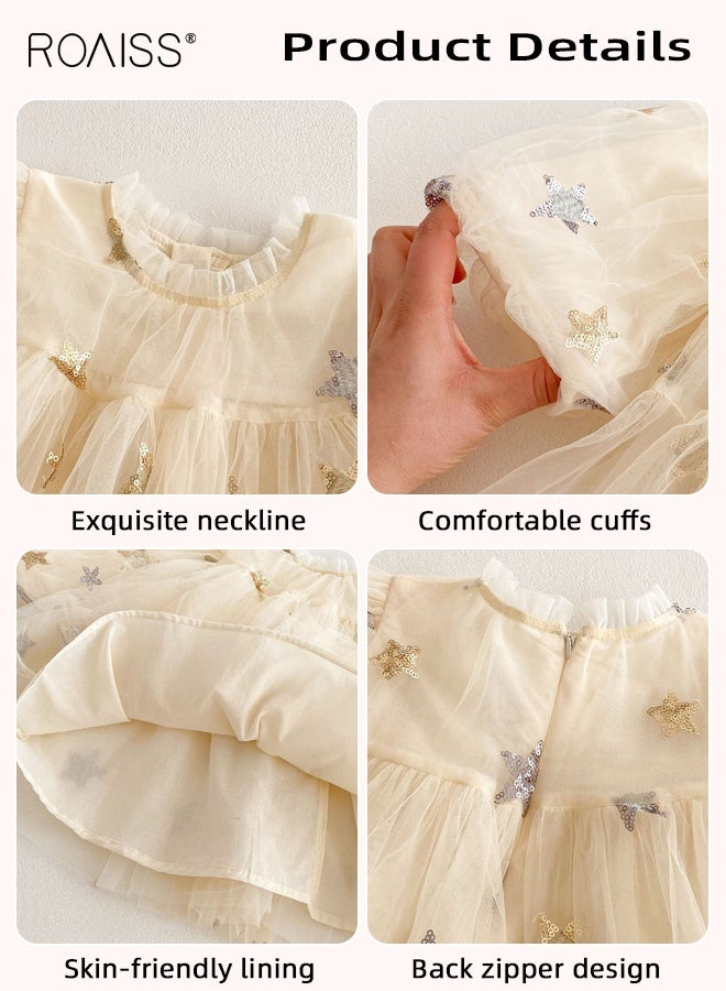roaiss Girls Tulle Dress with Lining, Puff Sleeve Round Neck A-line Dress, Elegant Princess Dress for Girls, Fancy Frock with Star Patterns, Suitable for Daily Wear, Birthday Party and Outdoor Activities - Image 4