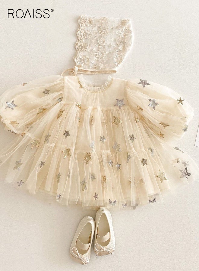 roaiss Girls Tulle Dress with Lining, Puff Sleeve Round Neck A-line Dress, Elegant Princess Dress for Girls, Fancy Frock with Star Patterns, Suitable for Daily Wear, Birthday Party and Outdoor Activities - Image 2