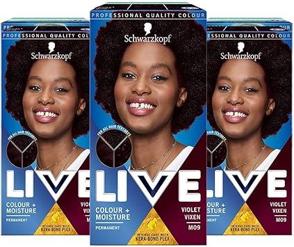 Live Schwarzkopf Live Colour Moisture Dark Purple Hair Dye 3Pack Permanent Intense Care with KeraBond Plex M09 Violet Vixen - Image 1