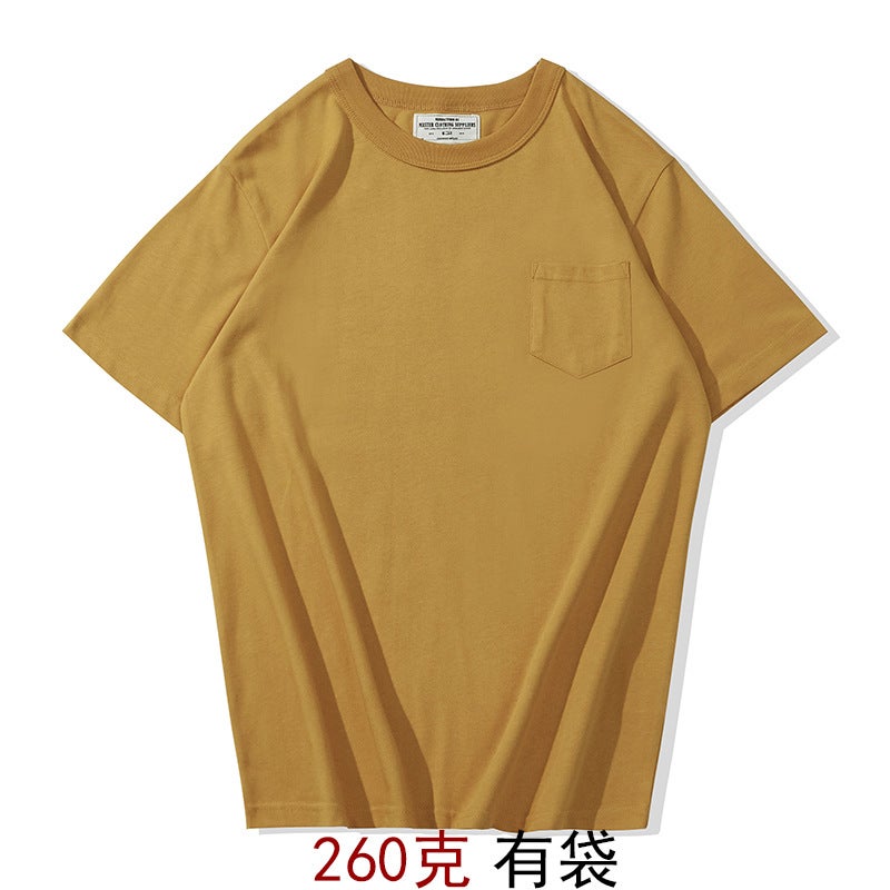 OKONKWO 260g Summer Thick T-shirt Smooth Fabric Clear Color Short Sleeve Heavy Basic Pocket T-shirt Bag of yellow 260