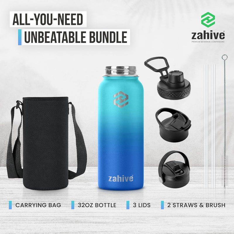 Zahive Insulated Water Bottle 1l with 3 Lids & Bag - Stainless Steel Water Bottle with Straw - 1000 ml Double Wall Flask for Gym, Travel, Hot & Cold Drinks - Leak Proof (1 Liter, Ocean Blue) - Image 2