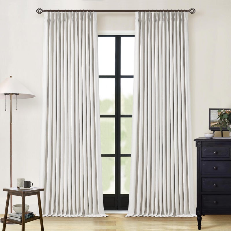 TWODRAPES Beige White Pinch Pleated Full Blackout Curtains 2 Panels Set Linen Room Darkening 100% Black Out Window Curtains 96 Inch for Living Room Bedroom Thermal Insulated Pinch Pleat Drapes with Hooks Rings - Image 1