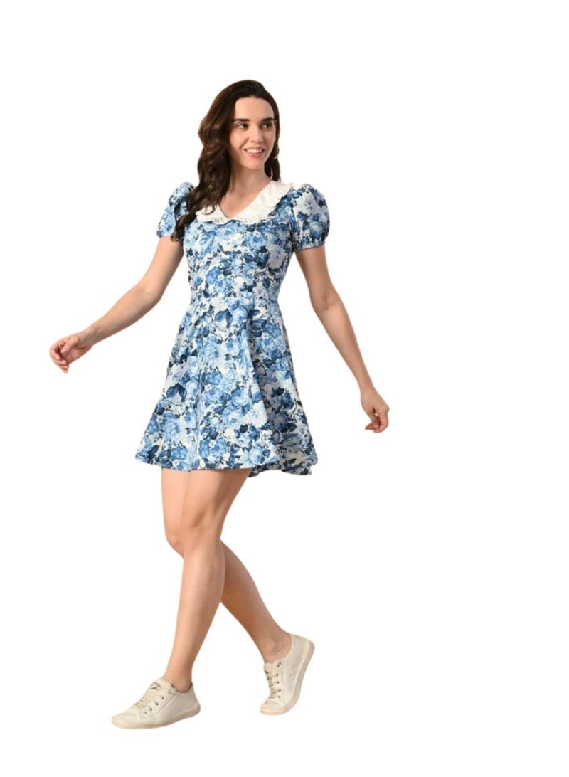 Uberoot Women’s Floral Print Collar Neck Short Sleeve Cotton Dress | Elegant Summer Casual Midi Dress | Lightweight Breathable Fabric | Perfect for Brunch, Office & Daily Wear - Image 3