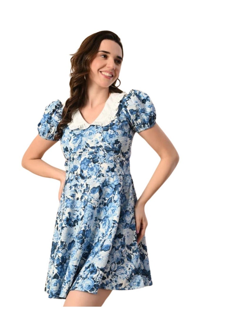 Uberoot Women’s Floral Print Collar Neck Short Sleeve Cotton Dress | Elegant Summer Casual Midi Dress | Lightweight Breathable Fabric | Perfect for Brunch, Office & Daily Wear - Image 2