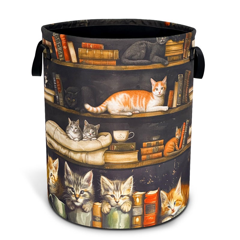 NUTAINLA Cat On The Bookshelf Laundry Basket Cute Pet Foldable Waterproof Oxford Cloth Funny Tote Bag Laundry Hamper Clothes Storage Bucket Toy Organizer For Bathroom/Laundry Storage/Bedroom 18.9x16.5 Inch - Image 1