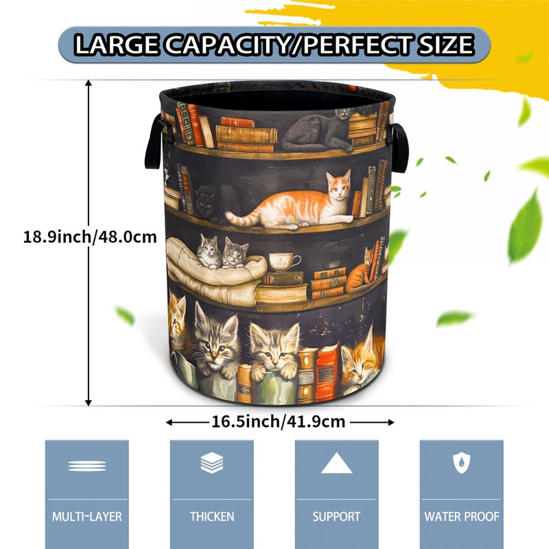 NUTAINLA Cat On The Bookshelf Laundry Basket Cute Pet Foldable Waterproof Oxford Cloth Funny Tote Bag Laundry Hamper Clothes Storage Bucket Toy Organizer For Bathroom/Laundry Storage/Bedroom 18.9x16.5 Inch - Image 2