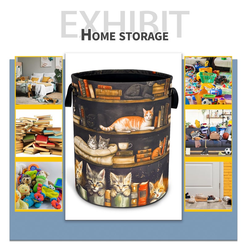 NUTAINLA Cat On The Bookshelf Laundry Basket Cute Pet Foldable Waterproof Oxford Cloth Funny Tote Bag Laundry Hamper Clothes Storage Bucket Toy Organizer For Bathroom/Laundry Storage/Bedroom 18.9x16.5 Inch - Image 5