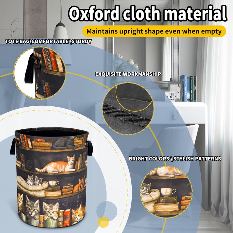 NUTAINLA Cat On The Bookshelf Laundry Basket Cute Pet Foldable Waterproof Oxford Cloth Funny Tote Bag Laundry Hamper Clothes Storage Bucket Toy Organizer For Bathroom/Laundry Storage/Bedroom 18.9x16.5 Inch - Image 3