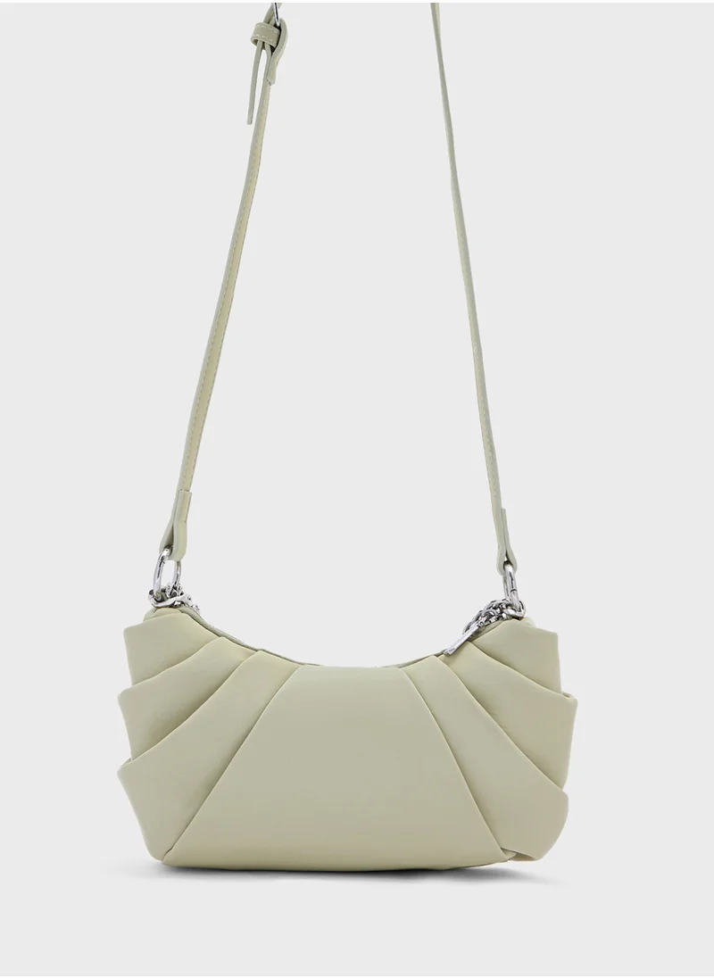 Ginger Pleated Flower Trim Crossbody Bag