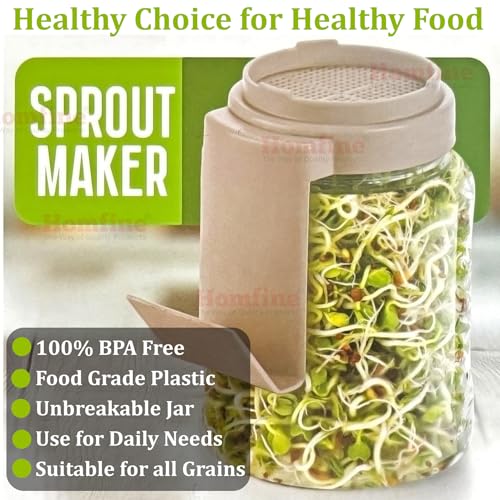 Homfine Sprout maker 750ml BPA Free Food Grade Unbreakable Reusable Plastic Transparent Jar with Mesh Lid for Airflow, Easy Drainage Odor Less Sprouter All Seeds & Beans (Brown/Green) 1Pc - Image 2