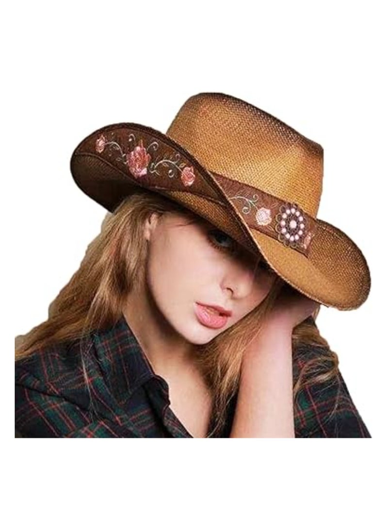 SOLARAE Cowboy Hats for Women, Brown Cowgirl Hats, Western Cowboy Hat, Plain Cowboy Hat, Classic Straw Western Hats Women, Old Style for Wedding Stage Performance Country Cowboy Music Festival Party Beach - Image 2