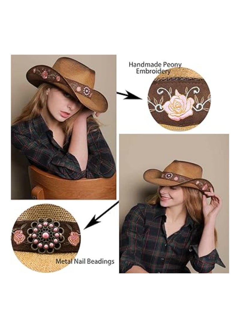 SOLARAE Cowboy Hats for Women, Brown Cowgirl Hats, Western Cowboy Hat, Plain Cowboy Hat, Classic Straw Western Hats Women, Old Style for Wedding Stage Performance Country Cowboy Music Festival Party Beach - Image 4