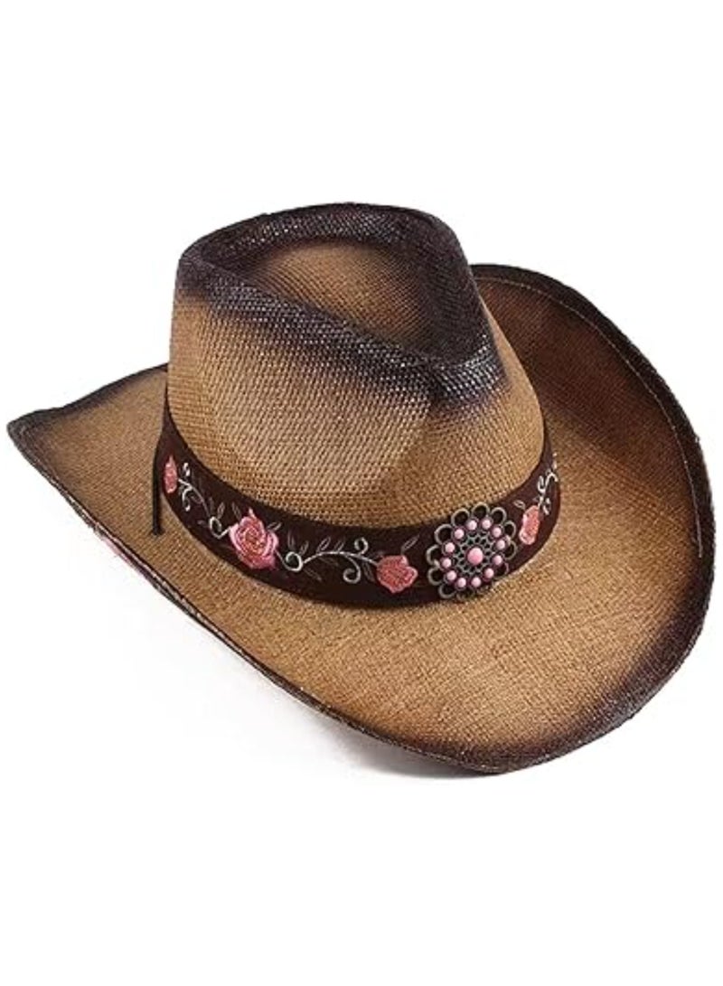SOLARAE Cowboy Hats for Women, Brown Cowgirl Hats, Western Cowboy Hat, Plain Cowboy Hat, Classic Straw Western Hats Women, Old Style for Wedding Stage Performance Country Cowboy Music Festival Party Beach - Image 1