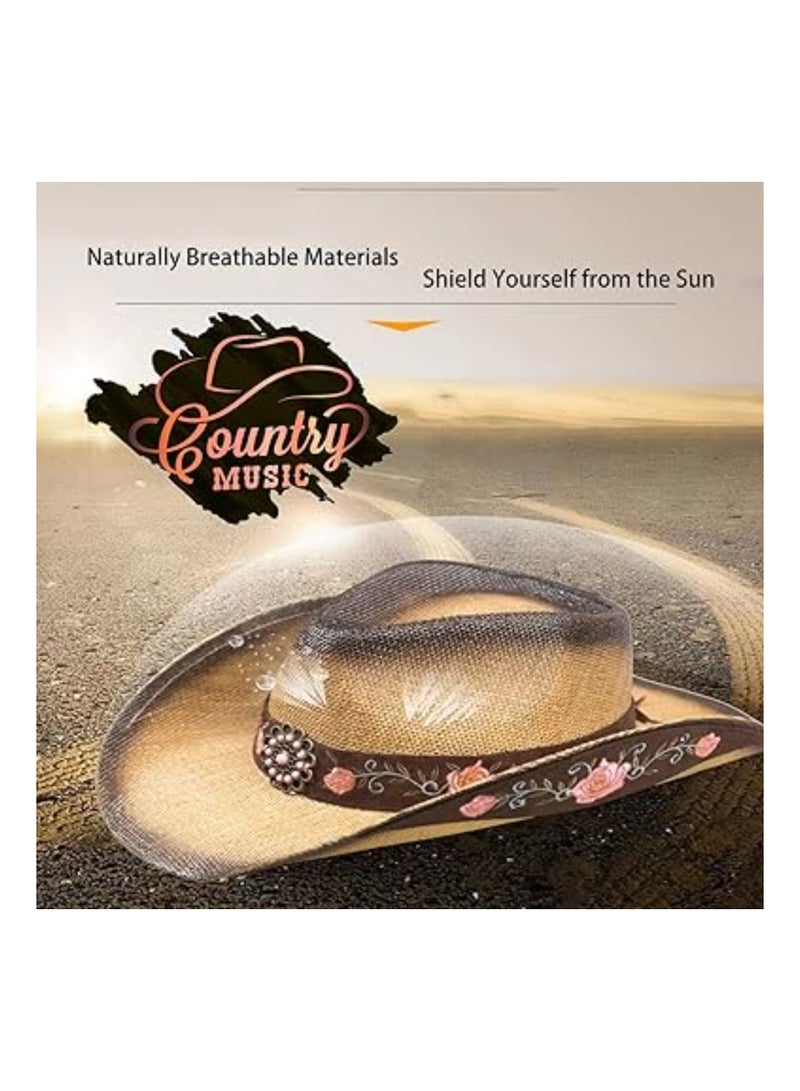 SOLARAE Cowboy Hats for Women, Brown Cowgirl Hats, Western Cowboy Hat, Plain Cowboy Hat, Classic Straw Western Hats Women, Old Style for Wedding Stage Performance Country Cowboy Music Festival Party Beach - Image 3