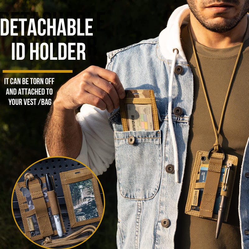 OneTigris Tactical ID Card Holder Hook & Loop Patch Badge Holder Neck Lanyard Key Ring and Credit Card Organizer (Coyote Brown) - Image 2