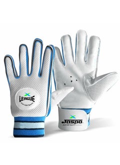Jaspo League Cricket Batting Gloves-For Beginner Players:Leather Palm|Nylon Stitch|Air Vents|Elastic Towel Wrap For Adult/Seniors Color (White Blue)-Recommended For Soft Ball Only, Large  - Image 4