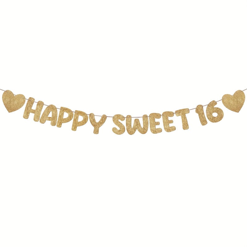 Rose Golden Pre Strung Sweet 16 Banner With Numbered 16 And Glitter Decorations - Image 1
