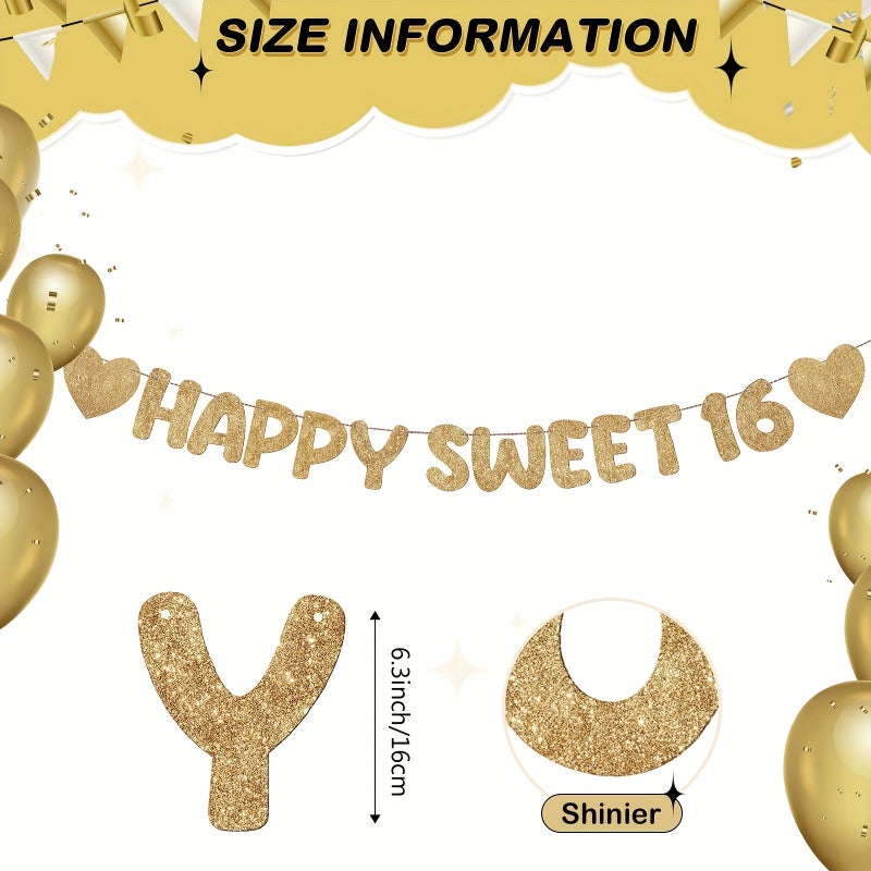 Rose Golden Pre Strung Sweet 16 Banner With Numbered 16 And Glitter Decorations - Image 2