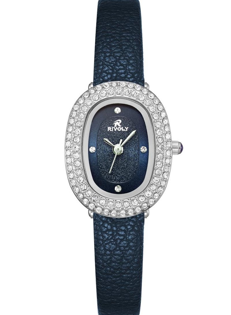 ريفولي ساعة نسائية أنيقة تتميز بإطار مرصع بالكريستال وسوار من الجلد