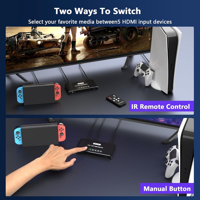 Closs 5 in 1 HDMI Switch with Remote 4K, 5 Port HDMI Switcher, HDMI Selector Splitter Box with LED Indicators, Game Switcher Hub with USB Powered for PS5 Xbox Fire Stick Roku TV Monitor - Image 3