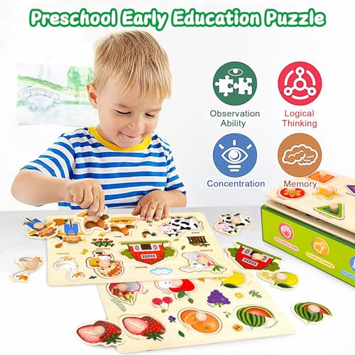 KECIABO Wooden Puzzles for Toddlers 4 Pack Montessori Toys Preschool Learning Puzzles for Baby Farm Shapes Animals Fruits Wooden Peg Puzzles for Boys and Girls 4 Pack - Image 5