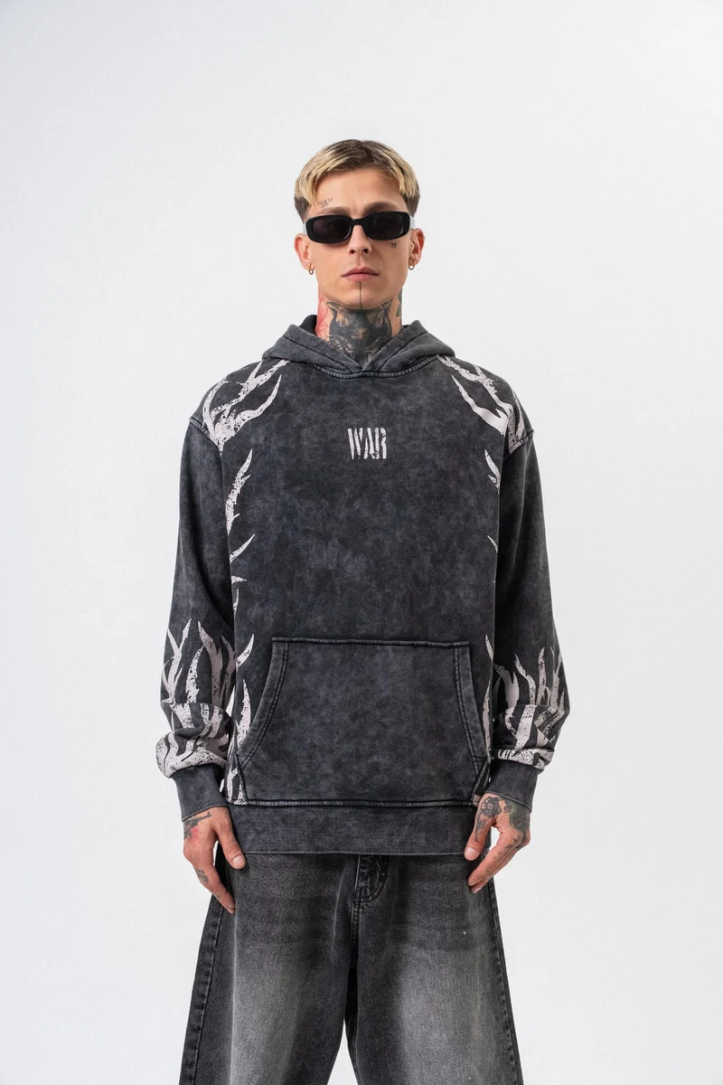 RESPIRE Men's War Printed Washed Hooded Oversize Hoodie Black
