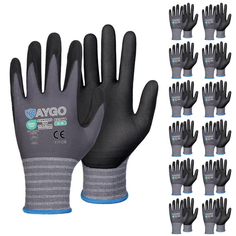 KAYGO Safety Work Gloves MicroFoam Nitrile Coated 12 Pairs KG18NBSeamless Knit Nylon Glove for Men and Women Ideal for AutomotiveWarehouseConstruction Medium Gray