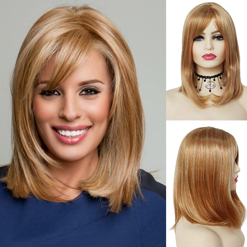 GNIMEGIL Strawberry Blonde Wig Halloween Costume Wig with Bangs Medium Length Mom Bob Wigs for Women Celebrity Natural Straight Hair Daily - Image 1