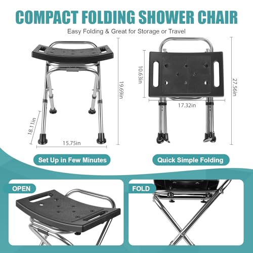 DSUWAZU Folding Shower Chair Seat,Height Adjustable Shower Chair Seat,Stainless Eligible Shower Chair for Inside Shower,400lbs Portable Travel Shower Stool,Safety Anti-Slip Bath Chair for Seniors(Black) - Image 2