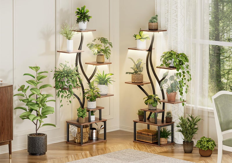 PRAISUN 51.3 Inch Plant Stand with Grow Light, 6 Tiered Indoor Plant Shelf with Larger Flower Holder, Pine-Shaped Stand, 3 Light Modes, Open Base, Corner Plant Rack for Living Room, Rustic Brown - Image 4