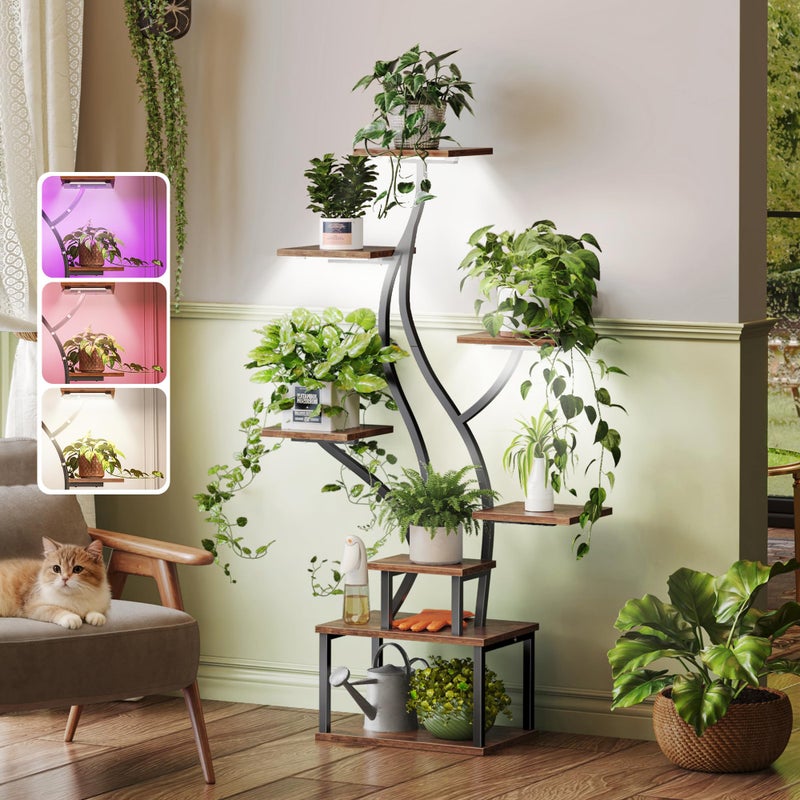 PRAISUN 51.3 Inch Plant Stand with Grow Light, 6 Tiered Indoor Plant Shelf with Larger Flower Holder, Pine-Shaped Stand, 3 Light Modes, Open Base, Corner Plant Rack for Living Room, Rustic Brown - Image 1