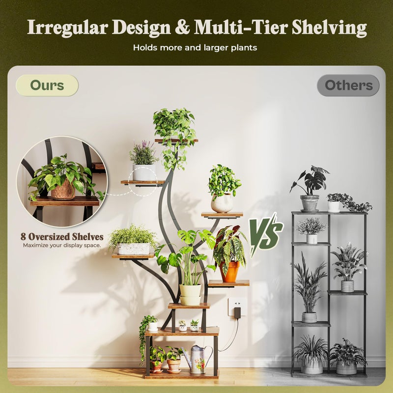 PRAISUN 51.3 Inch Plant Stand with Grow Light, 6 Tiered Indoor Plant Shelf with Larger Flower Holder, Pine-Shaped Stand, 3 Light Modes, Open Base, Corner Plant Rack for Living Room, Rustic Brown - Image 5