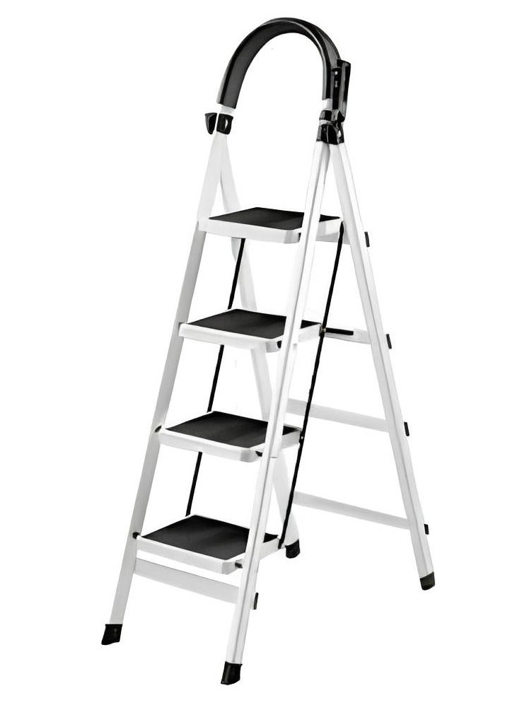 AL QADAH Metal Step Ladder 4 Step Foldable Metal Step Ladder White 141x44cm Anti Slip Wide Pedals Safety Lock Tool Tray Utility Ladder for Home Kitchen Garage Office Use  - Image 1