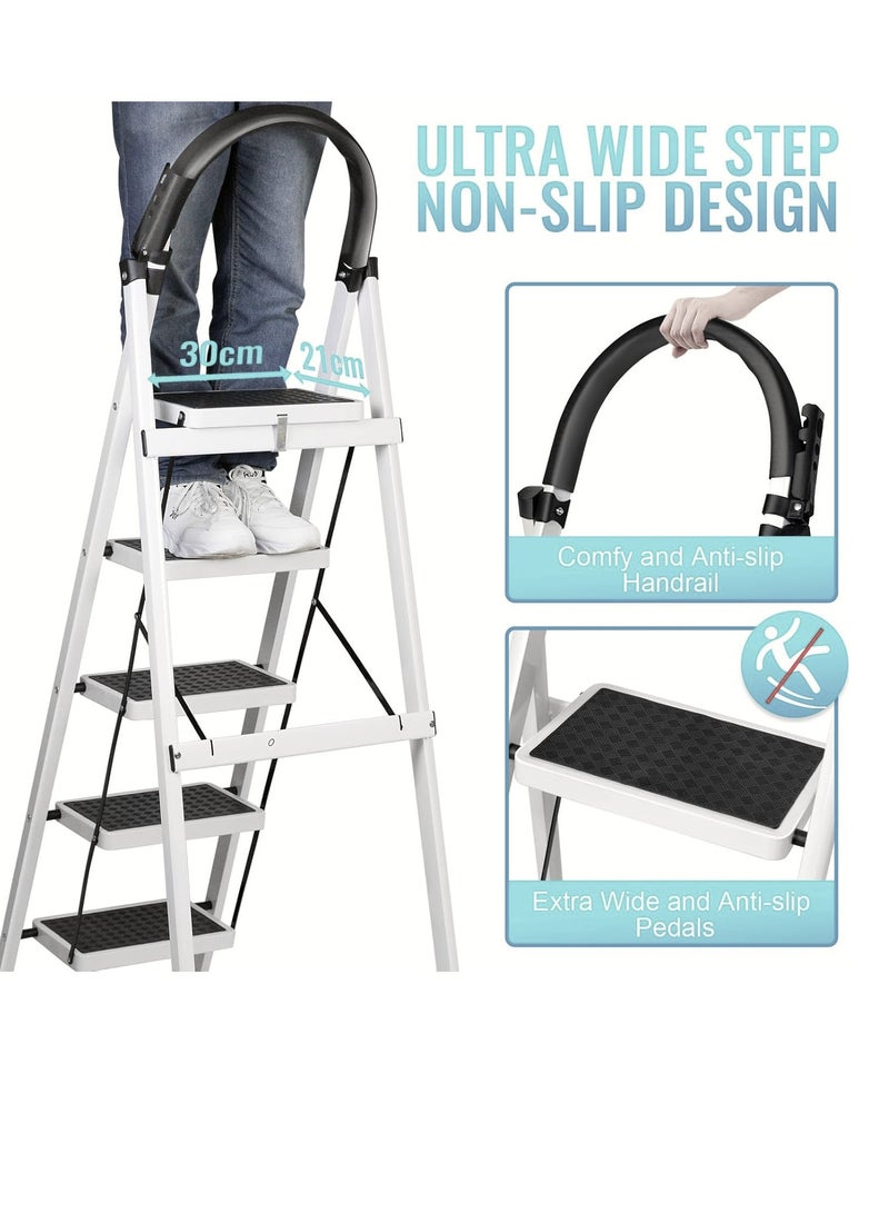 AL QADAH Metal Step Ladder 4 Step Foldable Metal Step Ladder White 141x44cm Anti Slip Wide Pedals Safety Lock Tool Tray Utility Ladder for Home Kitchen Garage Office Use  - Image 2