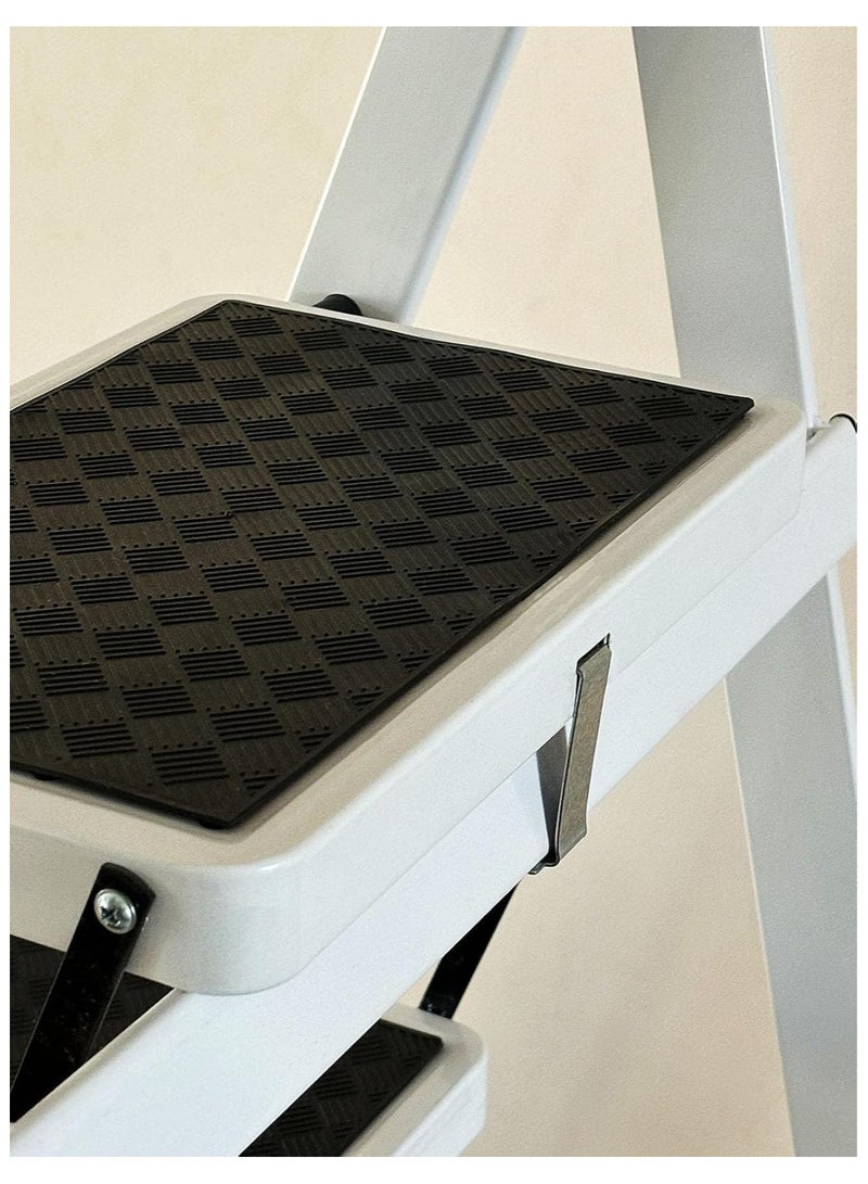 AL QADAH Metal Step Ladder 4 Step Foldable Metal Step Ladder White 141x44cm Anti Slip Wide Pedals Safety Lock Tool Tray Utility Ladder for Home Kitchen Garage Office Use  - Image 3