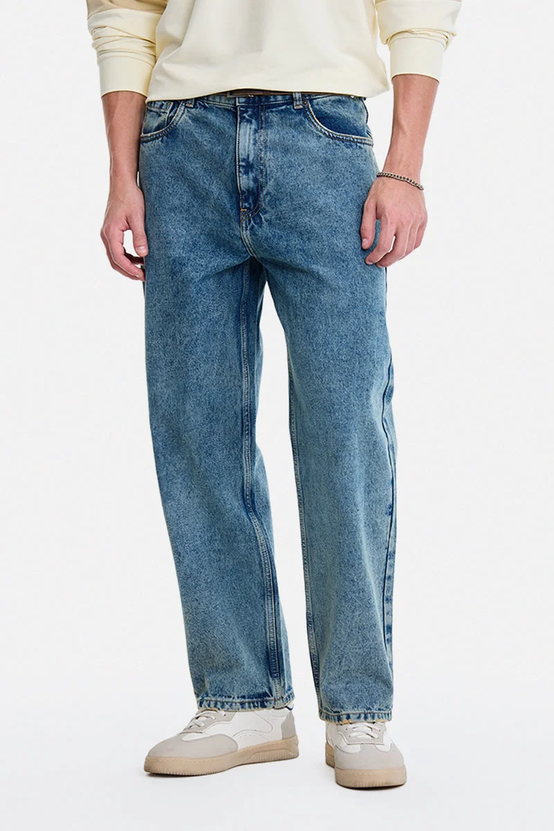 سنيتش Blue Solid Wide Leg Streetwear Jeans